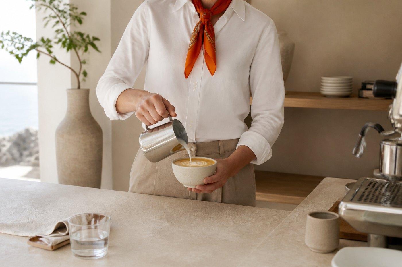 A barista finishing a pour at the stone counter, sea light behind