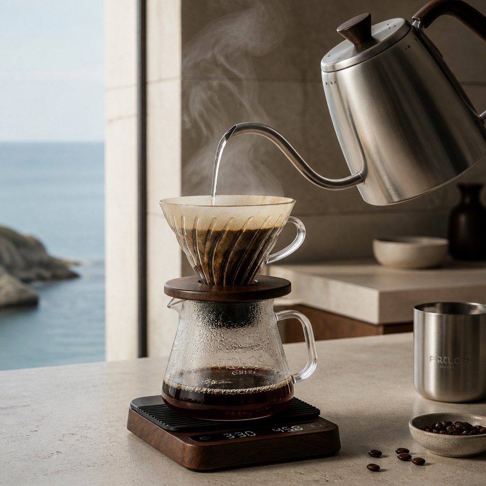 A pour-over in progress, gooseneck kettle and glass brewer