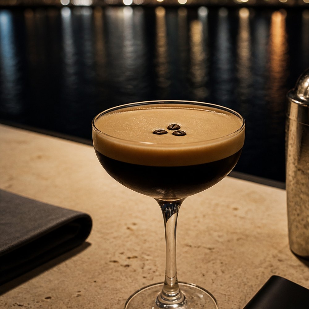 An espresso martini just poured, crema settling