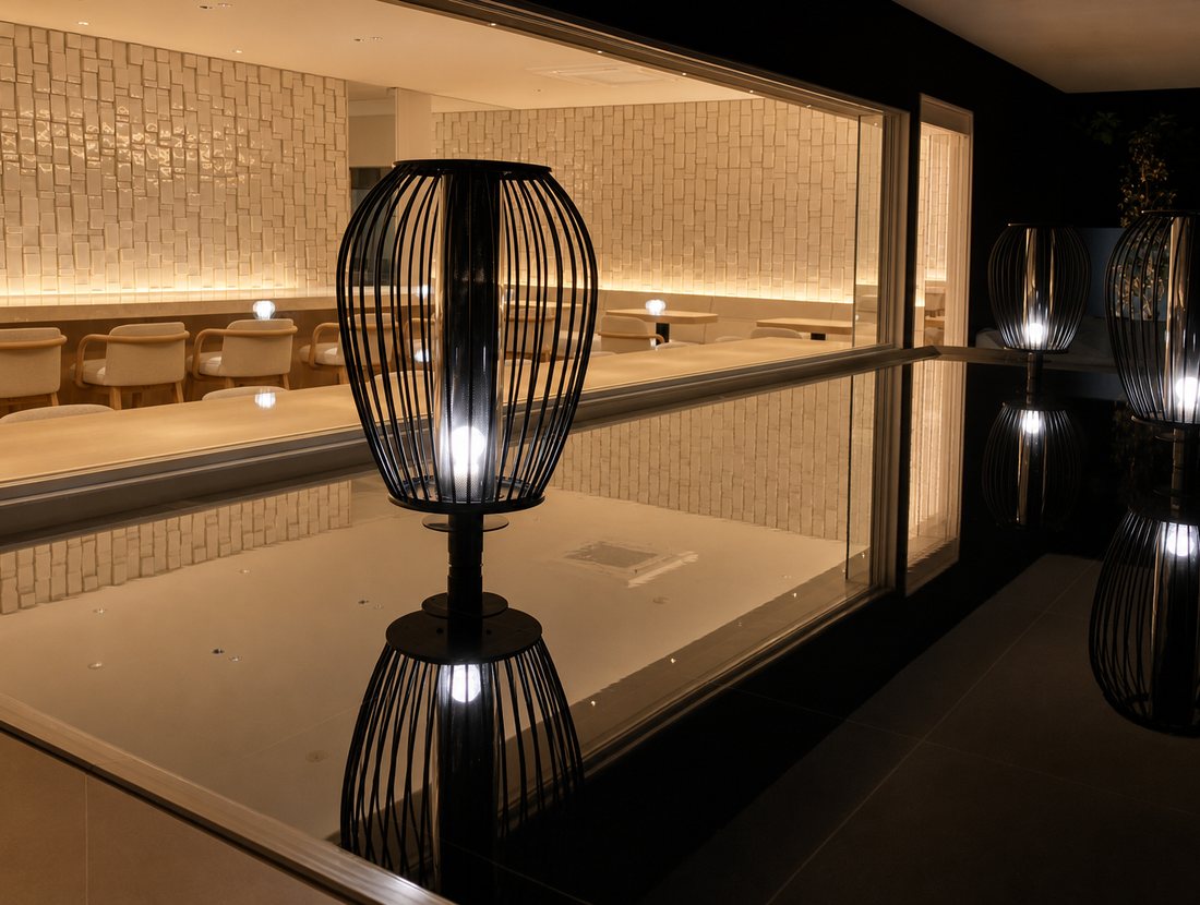 The water feature and lanterns outside the cafe at night